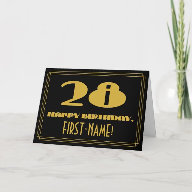 28th Birthday: Name + Art Deco Inspired Look "28" Card (Front)