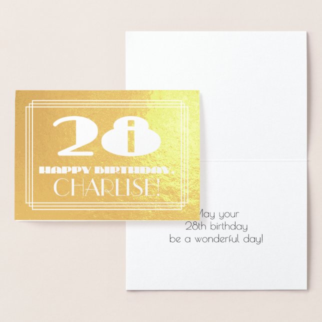 28th Birthday: Name + Art Deco Inspired Look "28" Foil Card (Display)