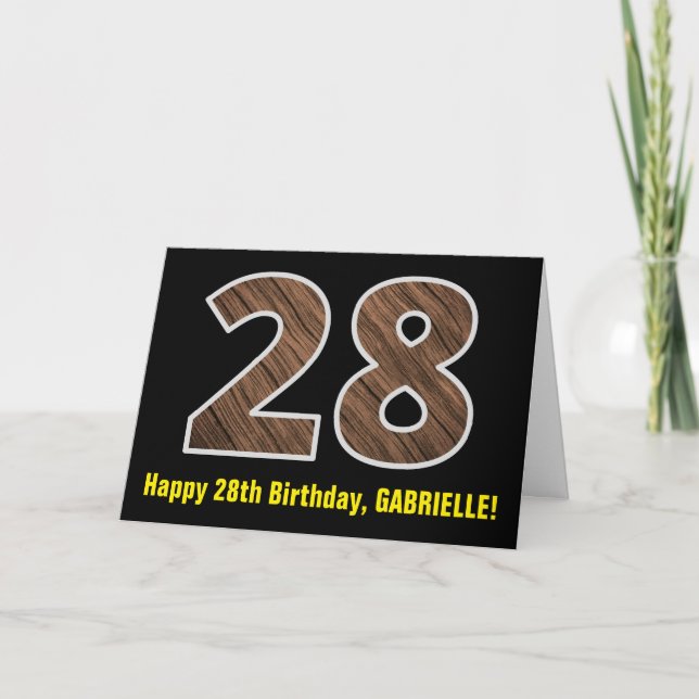 28th Birthday: Name + Faux Wood Grain Pattern "28" Card (Front)