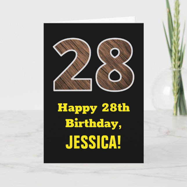 28th Birthday: Name, Faux Wood Grain Pattern "28" Card (Front)