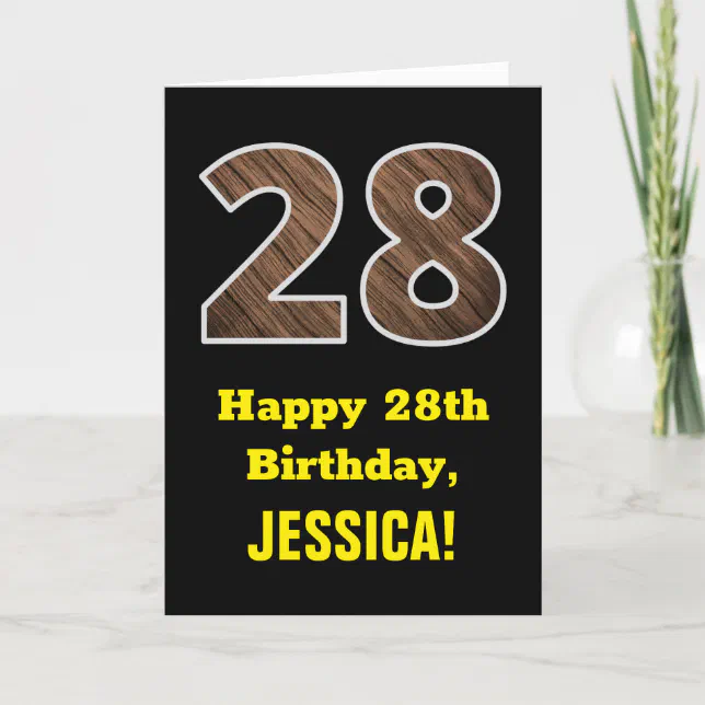 28th Birthday: Name, Faux Wood Grain Pattern 