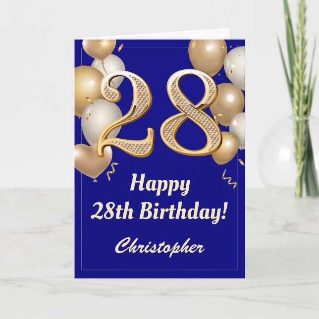 28th Birthday Navy Blue and Gold Balloons Confetti Card (Front)