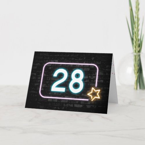 28th Birthday Neon Sign On Brick Wall  Card