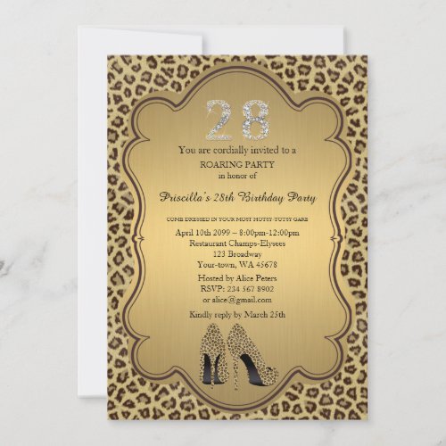 28thBirthday Party 28thCheetah High Heels Shoes Invitation