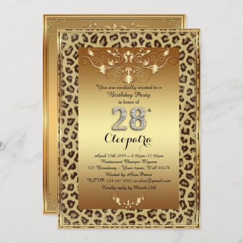 28th Birthday Party 28th Royal Cheetah gold plus Invitation