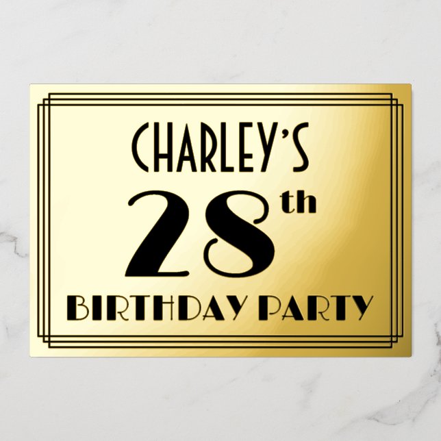 28th Birthday Party — Art Deco Look “28” + Name Foil Invitation (Front)