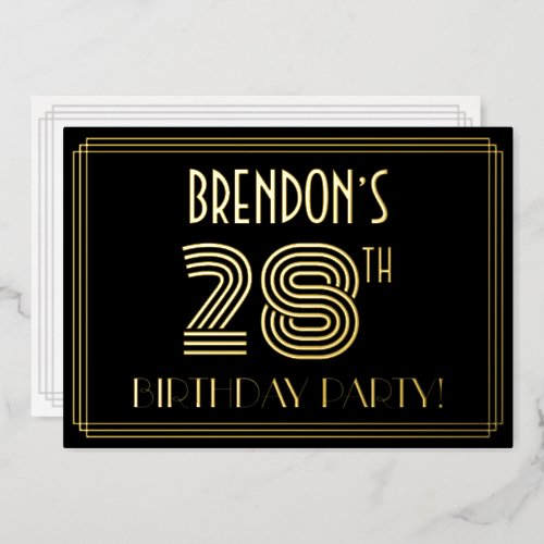 28th Birthday Party  Art Deco Style 28  Name Foil Invitation
