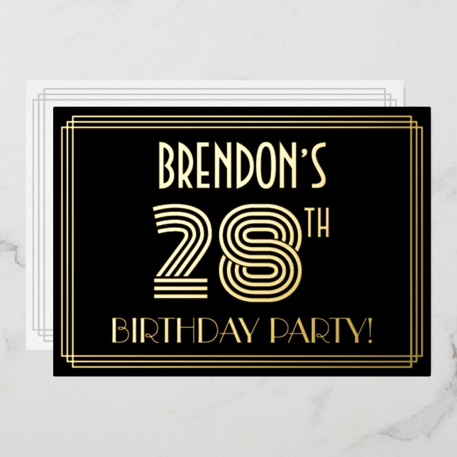 28th Birthday Party — Art Deco Style “28” + Name Foil Invitation (Front/Back)