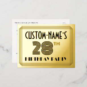 28th Birthday Party ~ Art Deco Style “28” + Name Foil Invitation Postcard