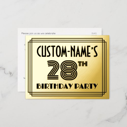 28th Birthday Party  Art Deco Style 28  Name Foil Invitation Postcard