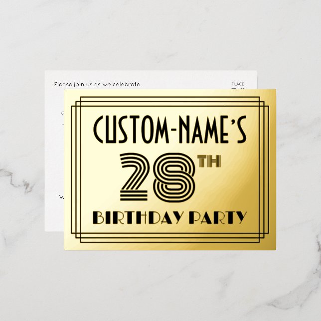 28th Birthday Party ~ Art Deco Style “28” + Name Foil Invitation Postcard (Front/Back)