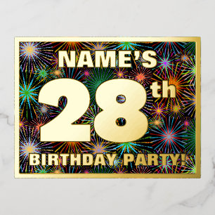 28th Birthday Party: Bold, Colorful Fireworks Look Foil Invitation Postcard