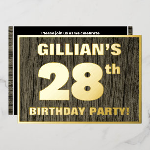 28th Birthday Party: Bold, Faux Wood Grain Pattern Foil Invitation