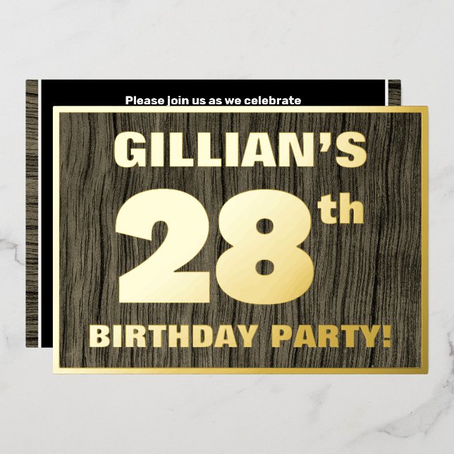 28th Birthday Party: Bold, Faux Wood Grain Pattern Foil Invitation (Front/Back)