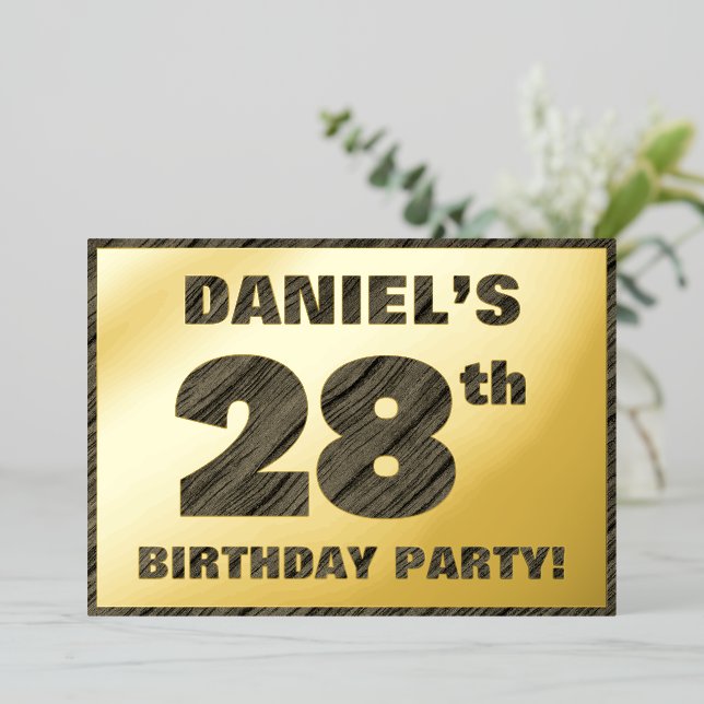 28th Birthday Party — Bold, Faux Wood Grain Text Foil Invitation (Standing Front)