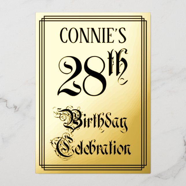 28th Birthday Party — Elegant Script + Custom Name Foil Invitation (Front)
