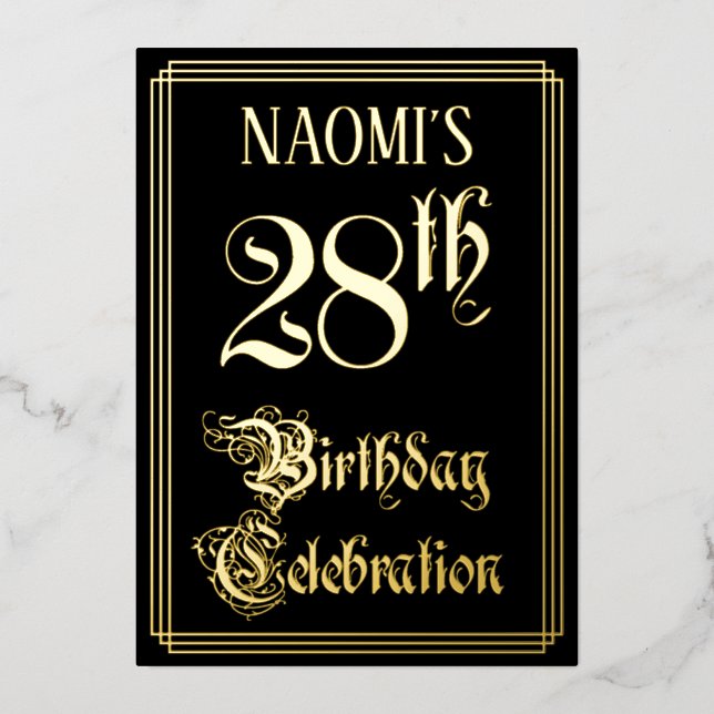 28th Birthday Party — Fancy Script & Custom Name Foil Invitation (Front)