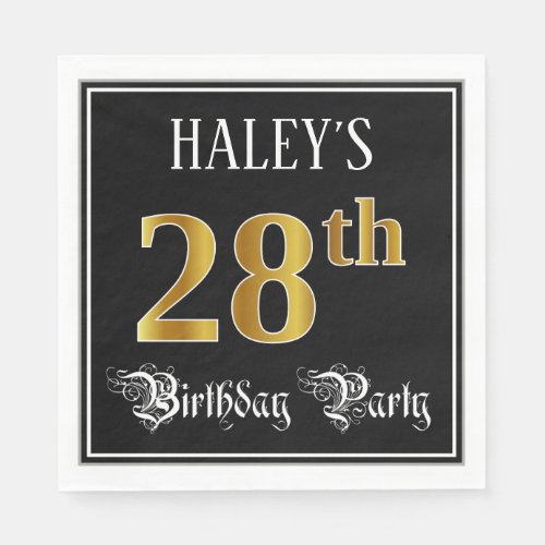 28th Birthday Party  Fancy Script Faux Gold Look Napkins