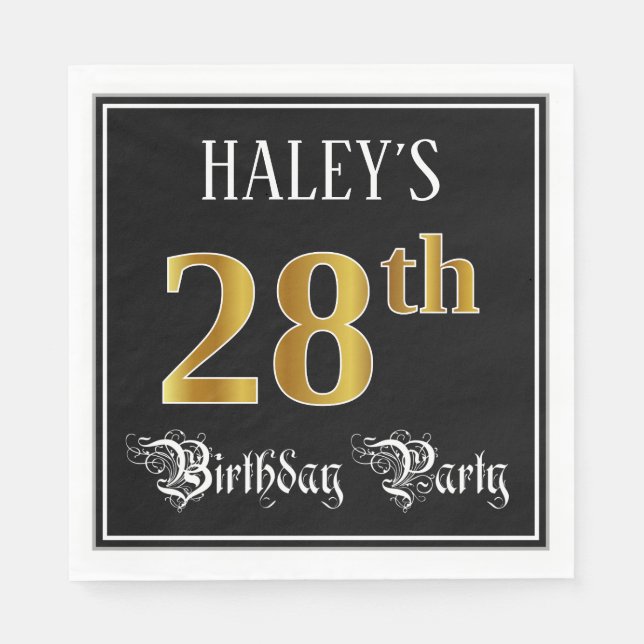 28th Birthday Party — Fancy Script, Faux Gold Look Napkins (Front)