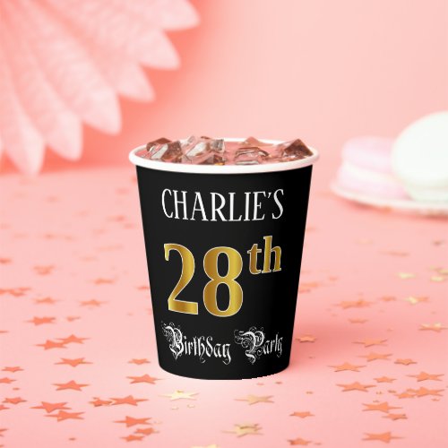 28th Birthday Party  Fancy Script Faux Gold Look Paper Cups