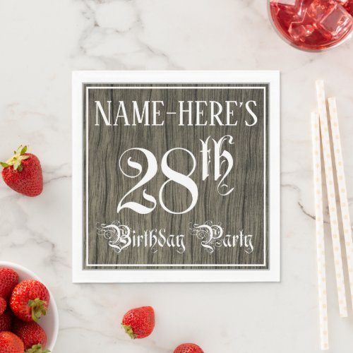 28th Birthday Party  Fancy Script Faux Wood Look Napkins