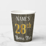 [ Thumbnail: 28th Birthday Party — Faux Gold & Faux Wood Looks Paper Cups ]