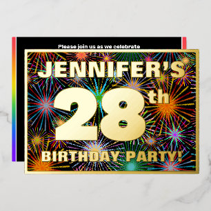 28th Birthday Party — Fun, Colorful Fireworks Look Foil Invitation