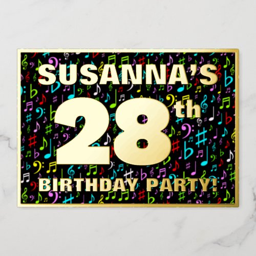 28th Birthday Party  Fun Colorful Music Symbols Foil Invitation