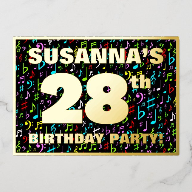 28th Birthday Party — Fun, Colorful Music Symbols Foil Invitation (Front)