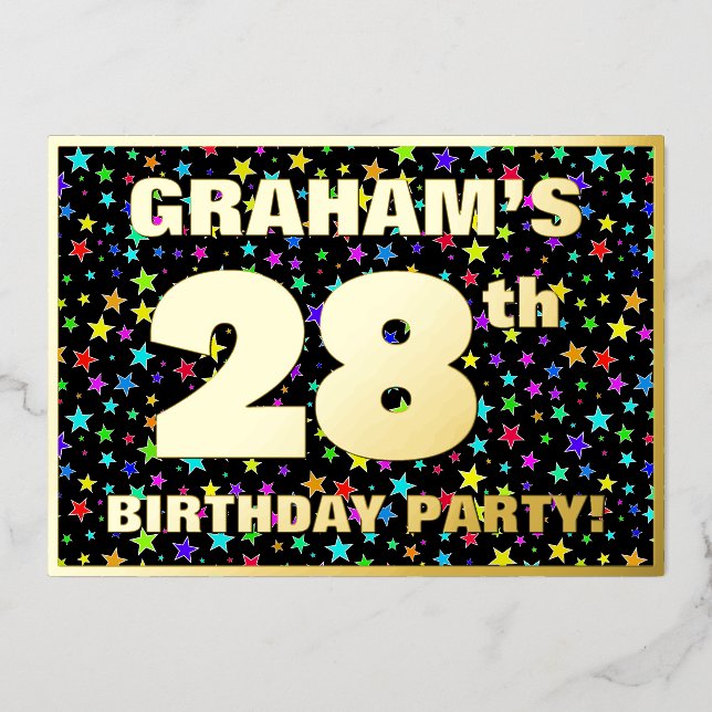 28th Birthday Party — Fun, Colorful Stars Pattern Foil Invitation (Front)