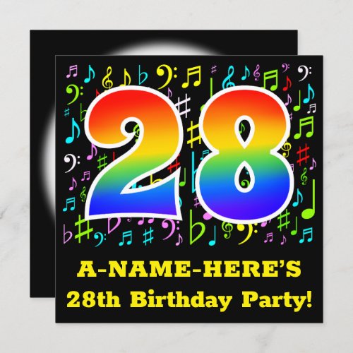 28th Birthday Party Fun Music Symbols Rainbow 28 Invitation