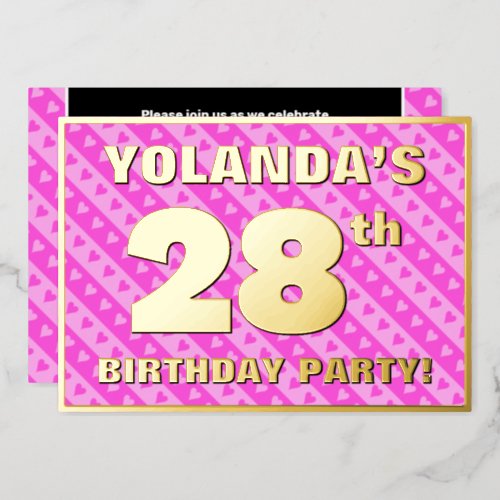 28th Birthday Party  Fun Pink Hearts and Stripes Foil Invitation