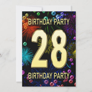 28th Birthday Party Invitation Fireworks Bubbles