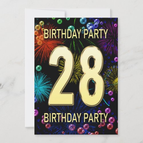 28th Birthday Party Invitation Fireworks Bubbles