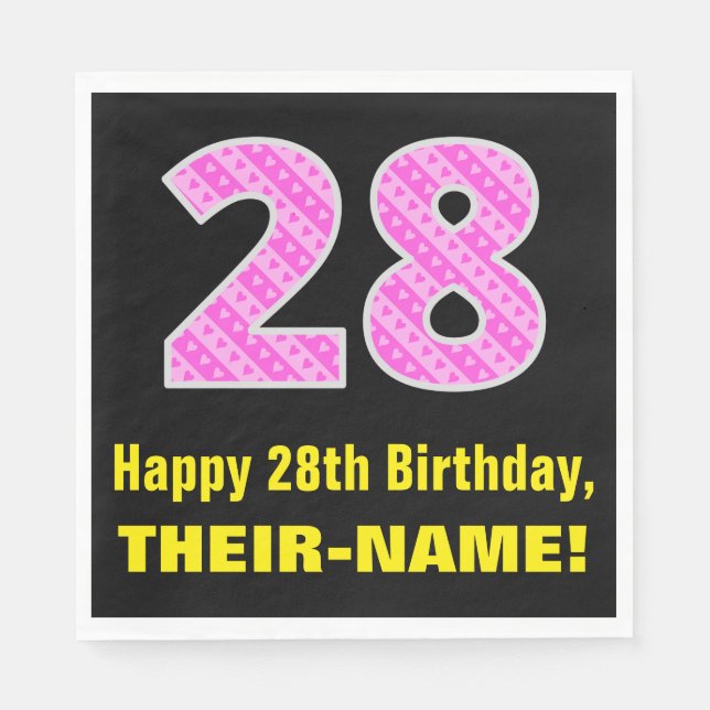 28th Birthday: Pink Stripes and Hearts "28" + Name Napkins (Front)