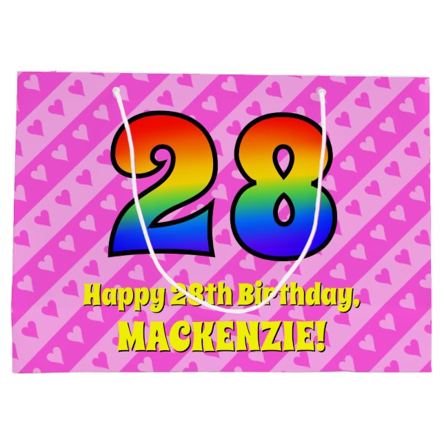 28th Birthday: Pink Stripes & Hearts, Rainbow # 28 Large Gift Bag (Back)