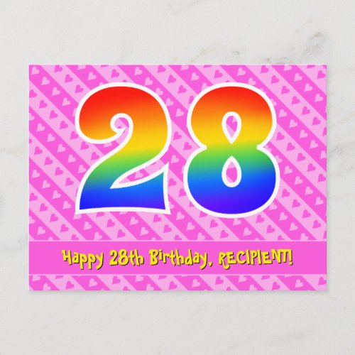 28th Birthday Pink Stripes  Hearts Rainbow 28 Postcard