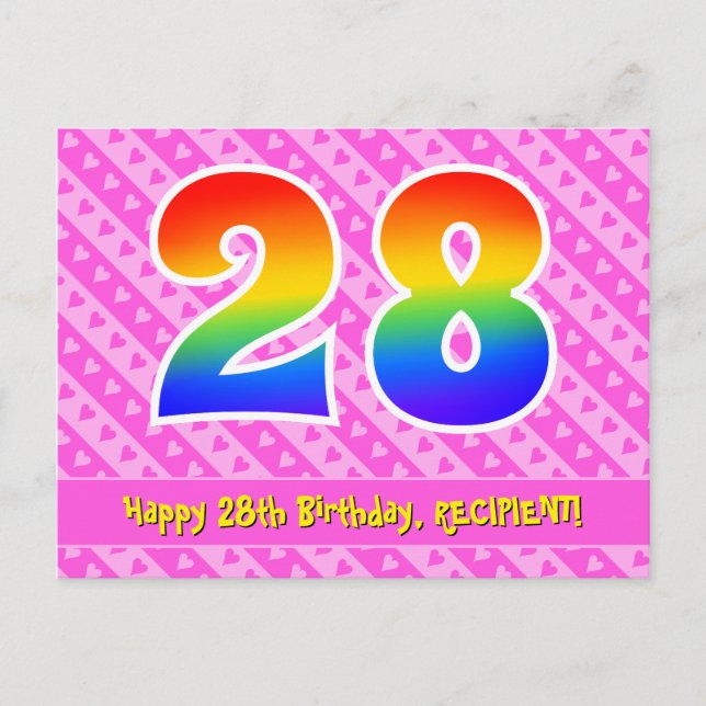 28th Birthday: Pink Stripes & Hearts, Rainbow 28 Postcard (Front)