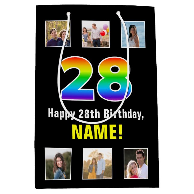 28th Birthday: Rainbow “28“, Custom Photos & Name Medium Gift Bag (Front)