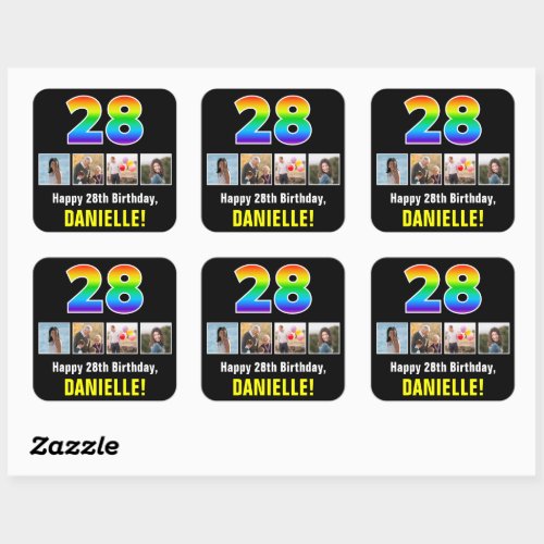 28th Birthday Rainbow 28 Custom Photos  Name Square Sticker