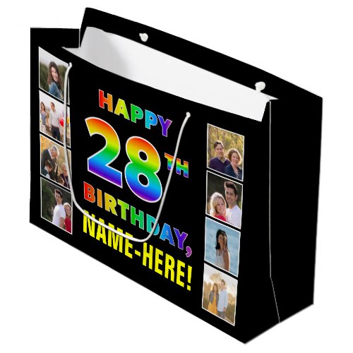 28th Birthday Rainbow Text Custom Photos  Name Large Gift Bag