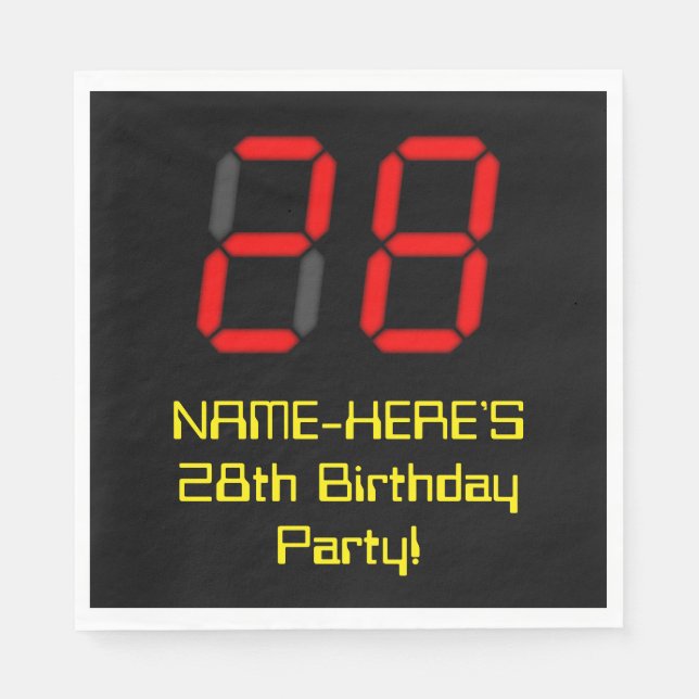 28th Birthday: Red Digital Clock Style "28" + Name Napkins (Front)