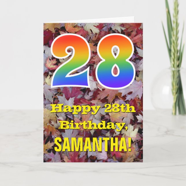 28th Birthday; Rustic Autumn Leaves; Rainbow "28" Card (Front)