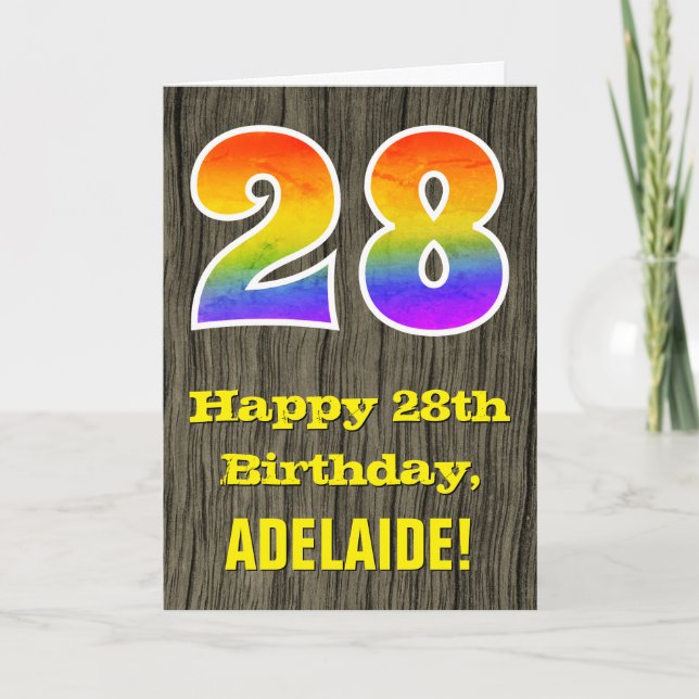 28th Birthday: Rustic Faux Wood Look, Rainbow "28" Card (Front)