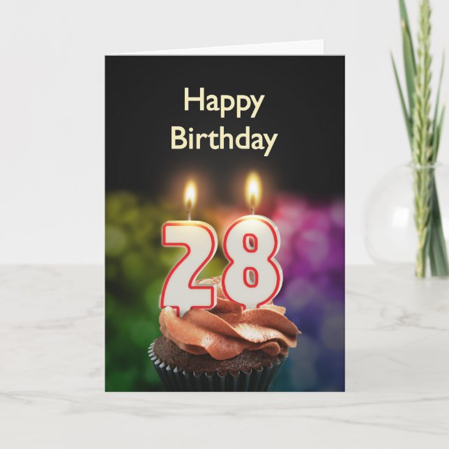 28th Birthday with cake and candles Card (Front)