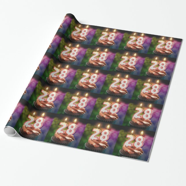 28th Birthday with cake and candles Wrapping Paper (Unrolled)