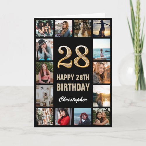 28th Happy Birthday Black and Gold Photo Collage Card