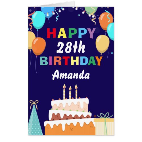 28th Happy Birthday Cake Navy Blue Extra Large Card