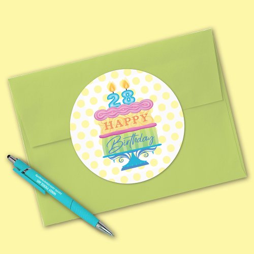 28th Happy Birthday Cake Yellow Dots Classic Round Sticker