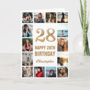 28th Happy Birthday Gold and White Photo Collage Card
